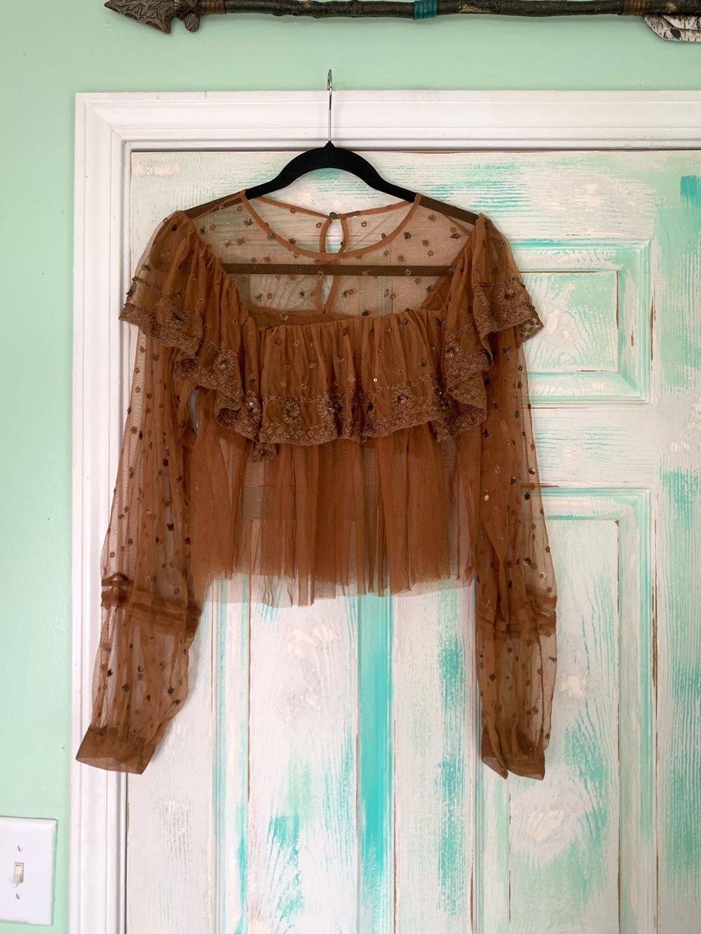 Free People Disco Ball Terracotta Mesh Embroidered Top
